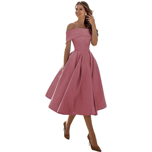 Rochie midi damă off shoulder cu siluetă plisată în A  