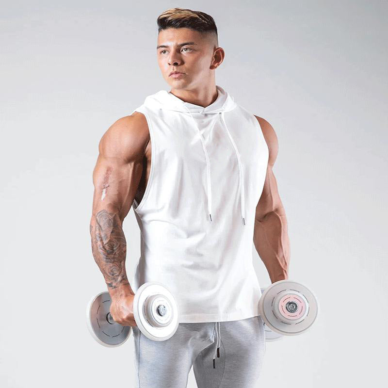 Chaleco deportivo sin mangas estampado para hombre con capucha y cordón: top informal para entrenar, tiempo libre y uso diario