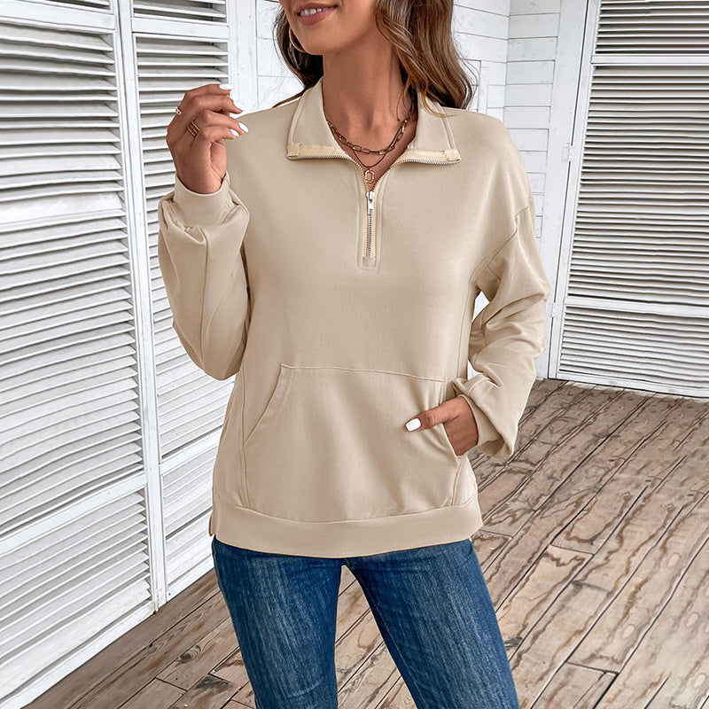 Dame Half-zip Sweatshirt Med Krave Og Kængurulomme – Afslappet Pullover Til Hverdagsbrug, Fritid Og Casual Stil