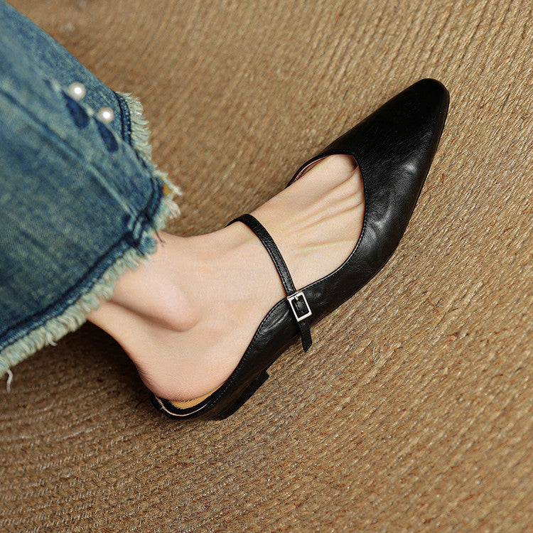 Women's Flat Mules with Pointed Toe and Strap Details – Slip-on Shoes for Everyday Wear, the Office, and Special Occasions