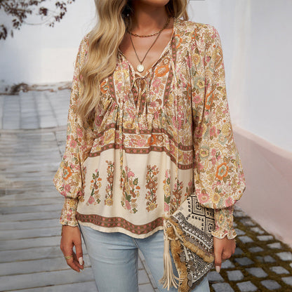 Dame Blomstret Bluse Med Bindedetalje Foran Og Lange Ærmer – Let Skjortebluse Til Hverdagsbrug, Ferie Og Smart Casual Stil