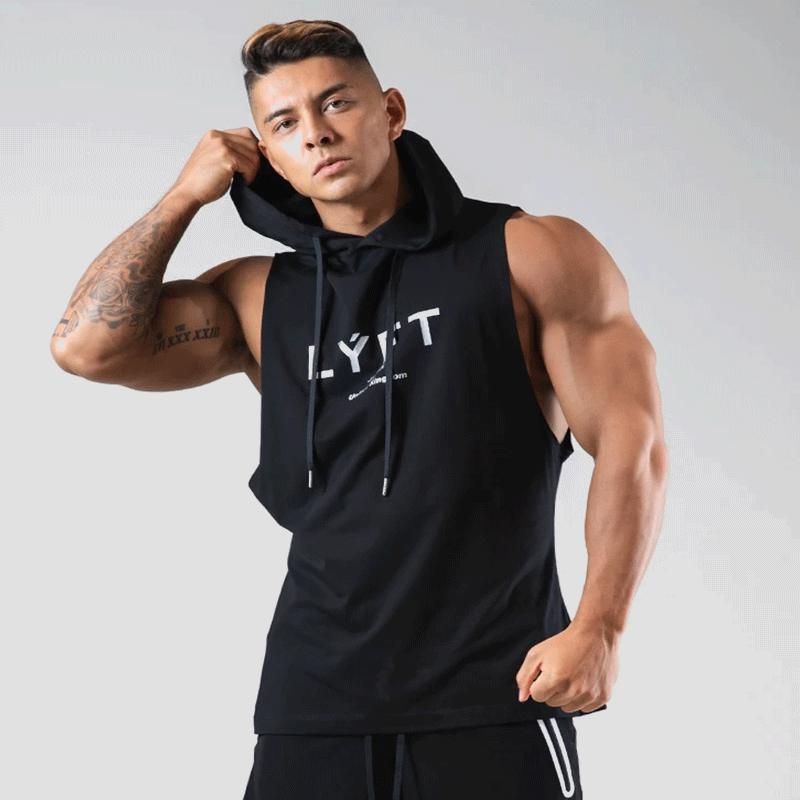 Chaleco deportivo sin mangas estampado para hombre con capucha y cordón: top informal para entrenar, tiempo libre y uso diario