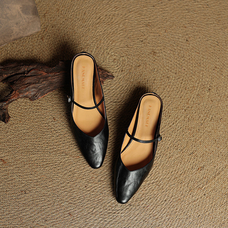 Women's Flat Mules with Pointed Toe and Strap Details – Slip-on Shoes for Everyday Wear, the Office, and Special Occasions