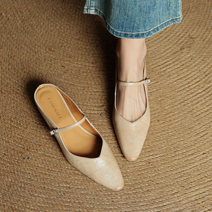 Women's Flat Mules with Pointed Toe and Strap Details – Slip-on Shoes for Everyday Wear, the Office, and Special Occasions