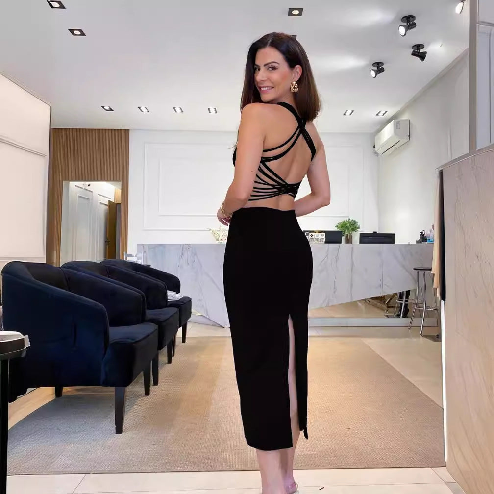 Kvinde Elegant Asymmetrisk Midi Aftenkjole med Åben Detalje