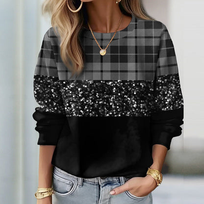 Dame Sweatshirt Med Paillettern Og Glitrende Panel – Afslappet Pullover Med Rund Hals Til Hverdagsbrug, Fest Og Moderne Stil