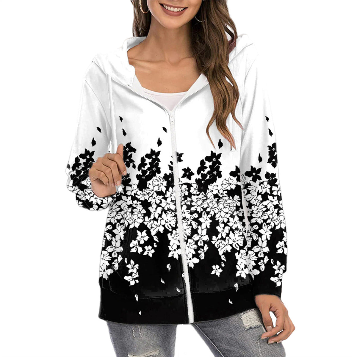 Dame Butterfly-print Hættetrøje Med Lynlås Og Gradientdesign – Let Casual Jakke Til Hverdagsbrug, Fritid Og Lag-på-lag Styling
