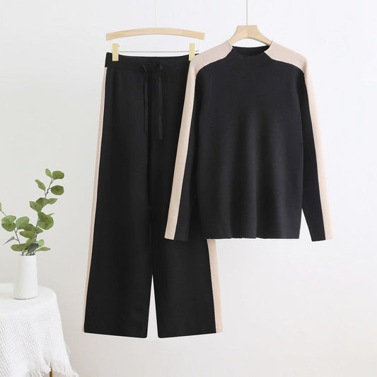 Women's Viscose Knit Pants Set with Long-Sleeve Top and High-Waisted Wide-Leg Pants with Drawstring - Soft Set for Everyday Wear, Leisure and Relaxation
