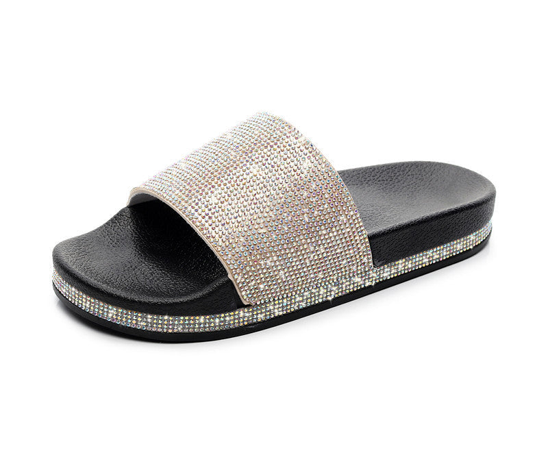 Dame Slip-on Sandaler Med Rhinsten Og Bred Rem – Glitrende Flade Sommersandaler Med Dekorativ Sål Til Ferie, Sommer Og Afslappet Hverdagsbrug