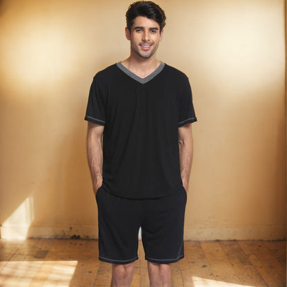 Set sport bărbătesc din 2 piese, cu decolteu în V și bluză cu mâneci scurte – set lejer de antrenament cu pantaloni scurți asortați pentru sport, fitness și timp liber