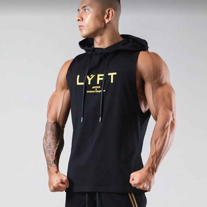 Chaleco deportivo sin mangas estampado para hombre con capucha y cordón: top informal para entrenar, tiempo libre y uso diario