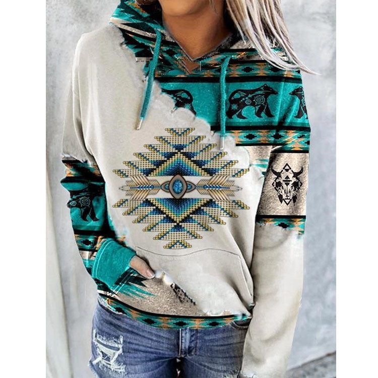 Sudadera con capucha para mujer, con estampado geométrico y cordón - Pulóver informal para otoño, uso diario, tiempo libre y looks a capas