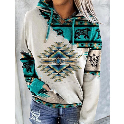 Sudadera con capucha para mujer, con estampado geométrico y cordón - Pulóver informal para otoño, uso diario, tiempo libre y looks a capas