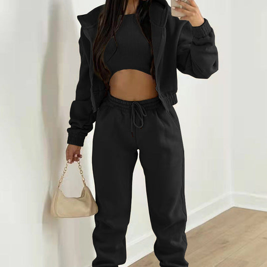 Set athleisure de damă din 3 piese, cu top reiat scurt, hanorac cu glugă și fermoar și pantaloni jogger cu șnur - set lejer pentru antrenamente, purtare zilnică și timp liber