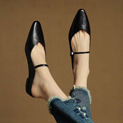 Women's Flat Mules with Pointed Toe and Strap Details – Slip-on Shoes for Everyday Wear, the Office, and Special Occasions