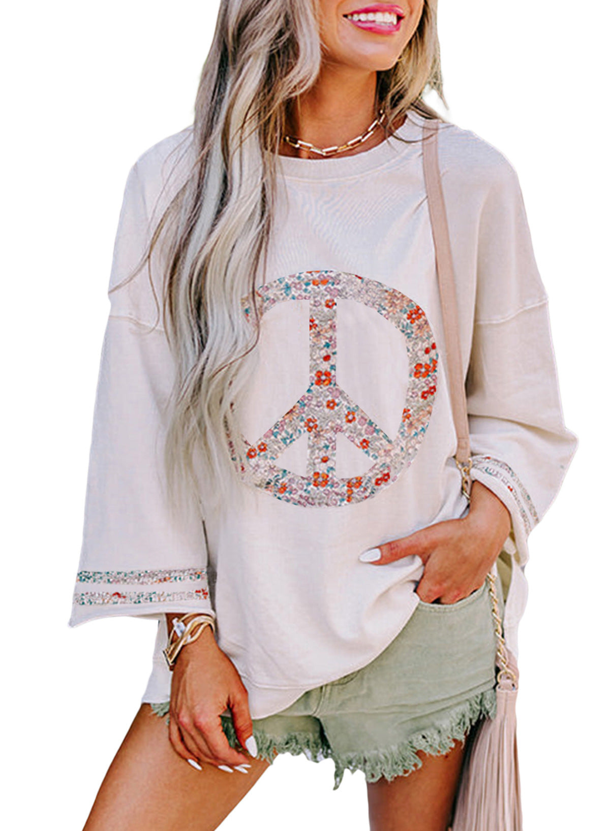 Dame Sweatshirt Med Blomstret Peace-print Og Brede Ærmer – Afslappet Og Markant Pullover Til Hverdagsbrug, Fritid Og Casual Stil