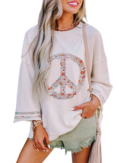 Dame Sweatshirt Med Blomstret Peace-print Og Brede Ærmer – Afslappet Og Markant Pullover Til Hverdagsbrug, Fritid Og Casual Stil