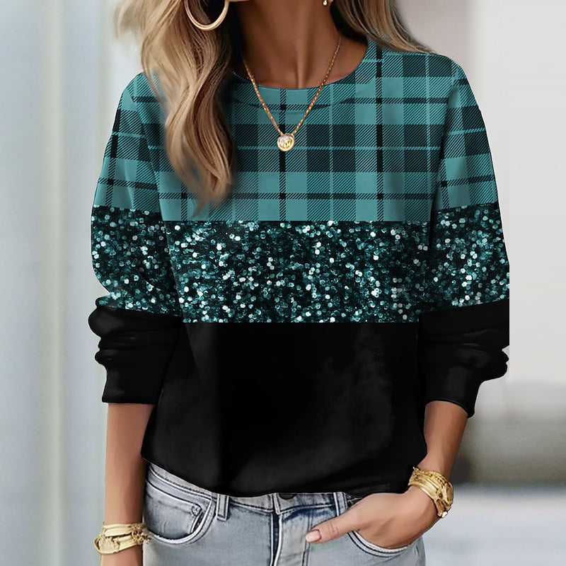 Dame Sweatshirt Med Paillettern Og Glitrende Panel – Afslappet Pullover Med Rund Hals Til Hverdagsbrug, Fest Og Moderne Stil