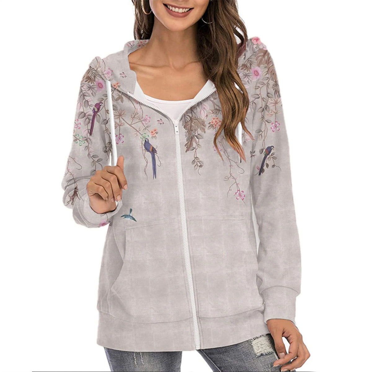 Dame Butterfly-print Hættetrøje Med Lynlås Og Gradientdesign – Let Casual Jakke Til Hverdagsbrug, Fritid Og Lag-på-lag Styling
