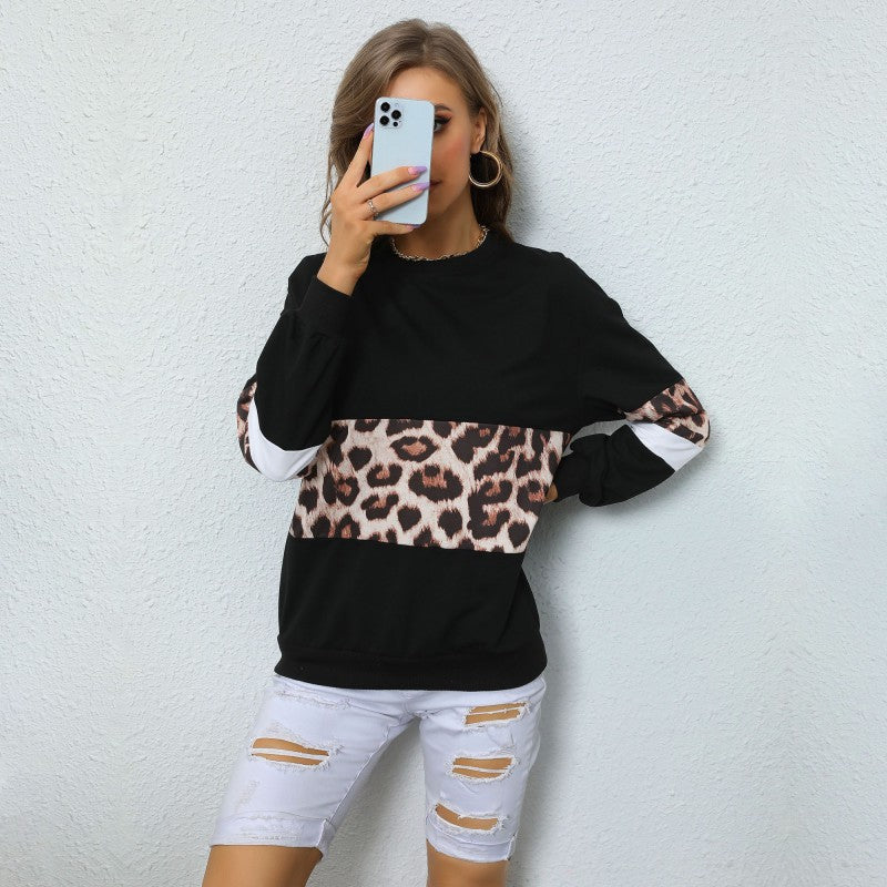 Dámská mikina s leopardím panelem a výraznými rukávy – volný pulovr s kulatým výstřihem pro každodenní nošení, odpočinek a moderní ležérní styl