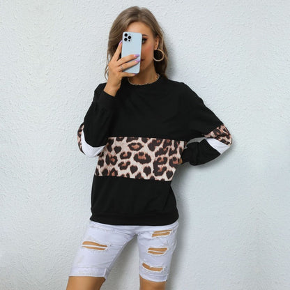 Dámská mikina s leopardím panelem a výraznými rukávy – volný pulovr s kulatým výstřihem pro každodenní nošení, odpočinek a moderní ležérní styl