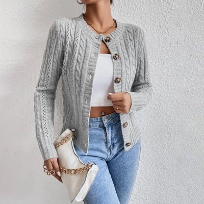 Dame Struktureret Strikcardigan – Klassisk Rundhalset Model Med Knapper Til Lagdeling I Koldt Vejr