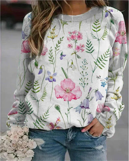Dame Sweatshirt Med Kunstnerisk Print Og Rund Hals – Afslappet Pullover Til Hverdagsbrug, Fritid Og Weekendstil