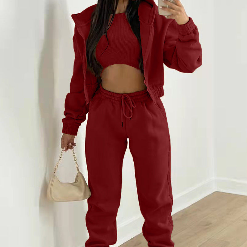Damski 3-częściowy zestaw athleisure z krótkim prążkowanym topem, bluzą z kapturem zapinaną na zamek i joggerami ze sznurkiem - luźny zestaw na trening, co dzień i czas wolny