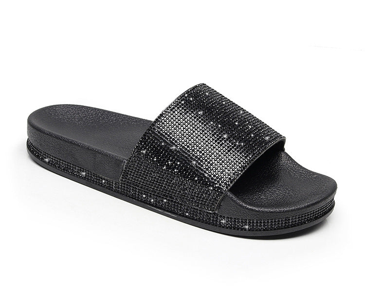 Dame Slip-on Sandaler Med Rhinsten Og Bred Rem – Glitrende Flade Sommersandaler Med Dekorativ Sål Til Ferie, Sommer Og Afslappet Hverdagsbrug