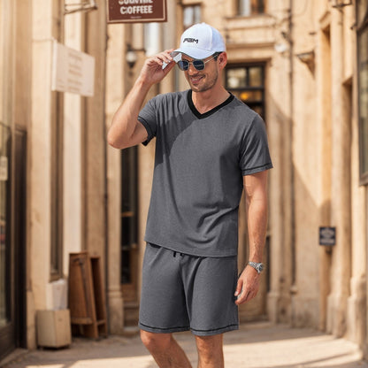 Set sport bărbătesc din 2 piese, cu decolteu în V și bluză cu mâneci scurte – set lejer de antrenament cu pantaloni scurți asortați pentru sport, fitness și timp liber
