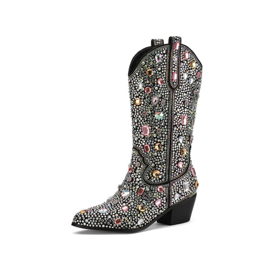 Cizme cowboy pentru femei, cu strasuri, vârf ascuțit și toc gros – cizme western atrăgătoare pentru petreceri, serile în oraș și ținute elegante