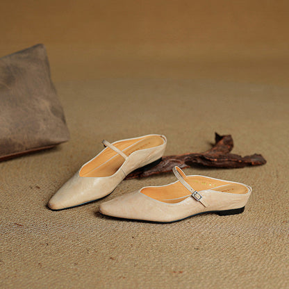 Women's Flat Mules with Pointed Toe and Strap Details – Slip-on Shoes for Everyday Wear, the Office, and Special Occasions