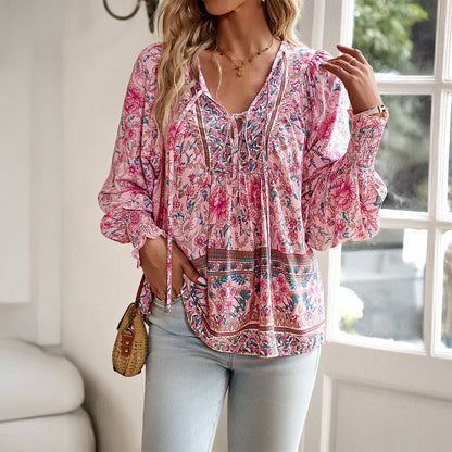 Dame Blomstret Bluse Med Bindedetalje Foran Og Lange Ærmer – Let Skjortebluse Til Hverdagsbrug, Ferie Og Smart Casual Stil