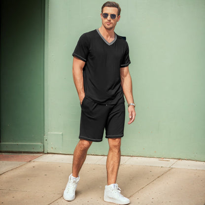 Set sport bărbătesc din 2 piese, cu decolteu în V și bluză cu mâneci scurte – set lejer de antrenament cu pantaloni scurți asortați pentru sport, fitness și timp liber