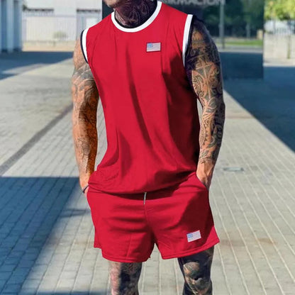 Conjunto deportivo de 2 piezas para hombre con camiseta de tirantes sin mangas y pantalones cortos con ribetes en contraste - Ropa de entrenamiento relajada para fitness, deporte, correr y tiempo libre