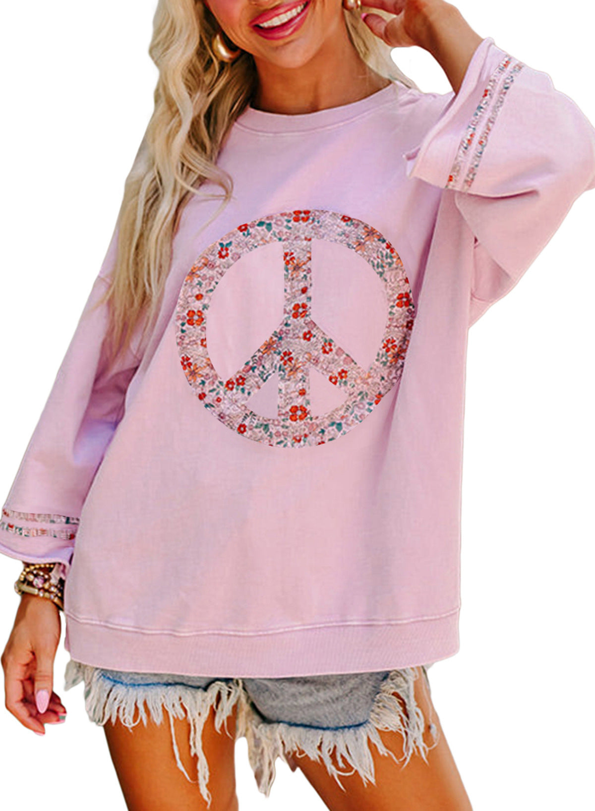 Dame Sweatshirt Med Blomstret Peace-print Og Brede Ærmer – Afslappet Og Markant Pullover Til Hverdagsbrug, Fritid Og Casual Stil