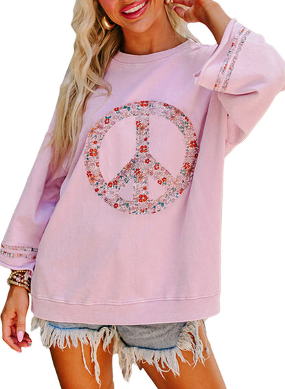 Dame Sweatshirt Med Blomstret Peace-print Og Brede Ærmer – Afslappet Og Markant Pullover Til Hverdagsbrug, Fritid Og Casual Stil