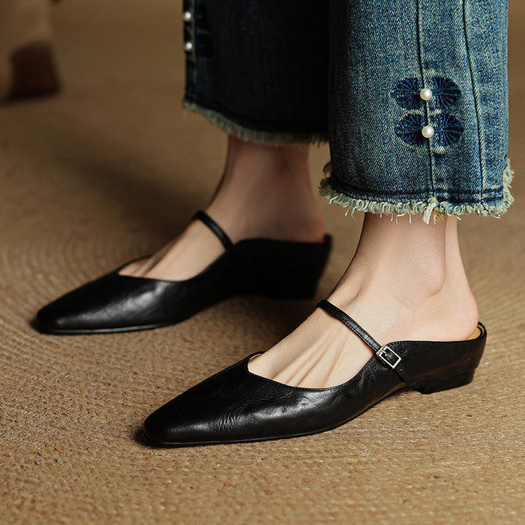 Women's Flat Mules with Pointed Toe and Strap Details – Slip-on Shoes for Everyday Wear, the Office, and Special Occasions