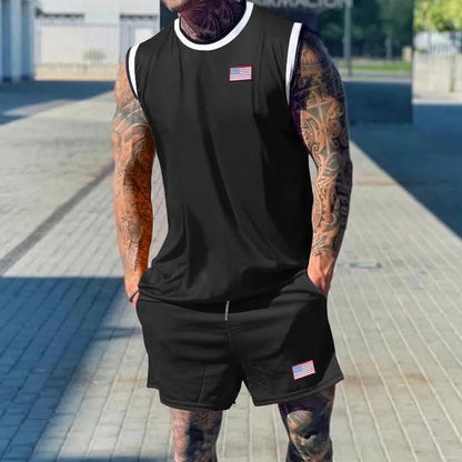 Conjunto deportivo de 2 piezas para hombre con camiseta de tirantes sin mangas y pantalones cortos con ribetes en contraste - Ropa de entrenamiento relajada para fitness, deporte, correr y tiempo libre