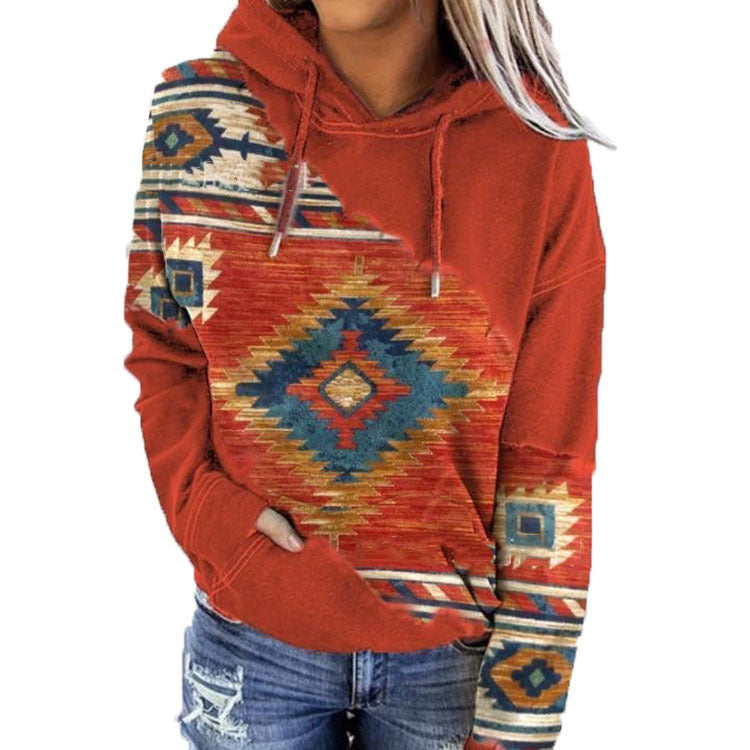 Sudadera con capucha para mujer, con estampado geométrico y cordón - Pulóver informal para otoño, uso diario, tiempo libre y looks a capas
