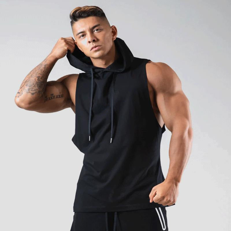 Chaleco deportivo sin mangas estampado para hombre con capucha y cordón: top informal para entrenar, tiempo libre y uso diario
