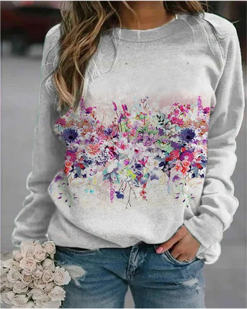 Dame Sweatshirt Med Kunstnerisk Print Og Rund Hals – Afslappet Pullover Til Hverdagsbrug, Fritid Og Weekendstil