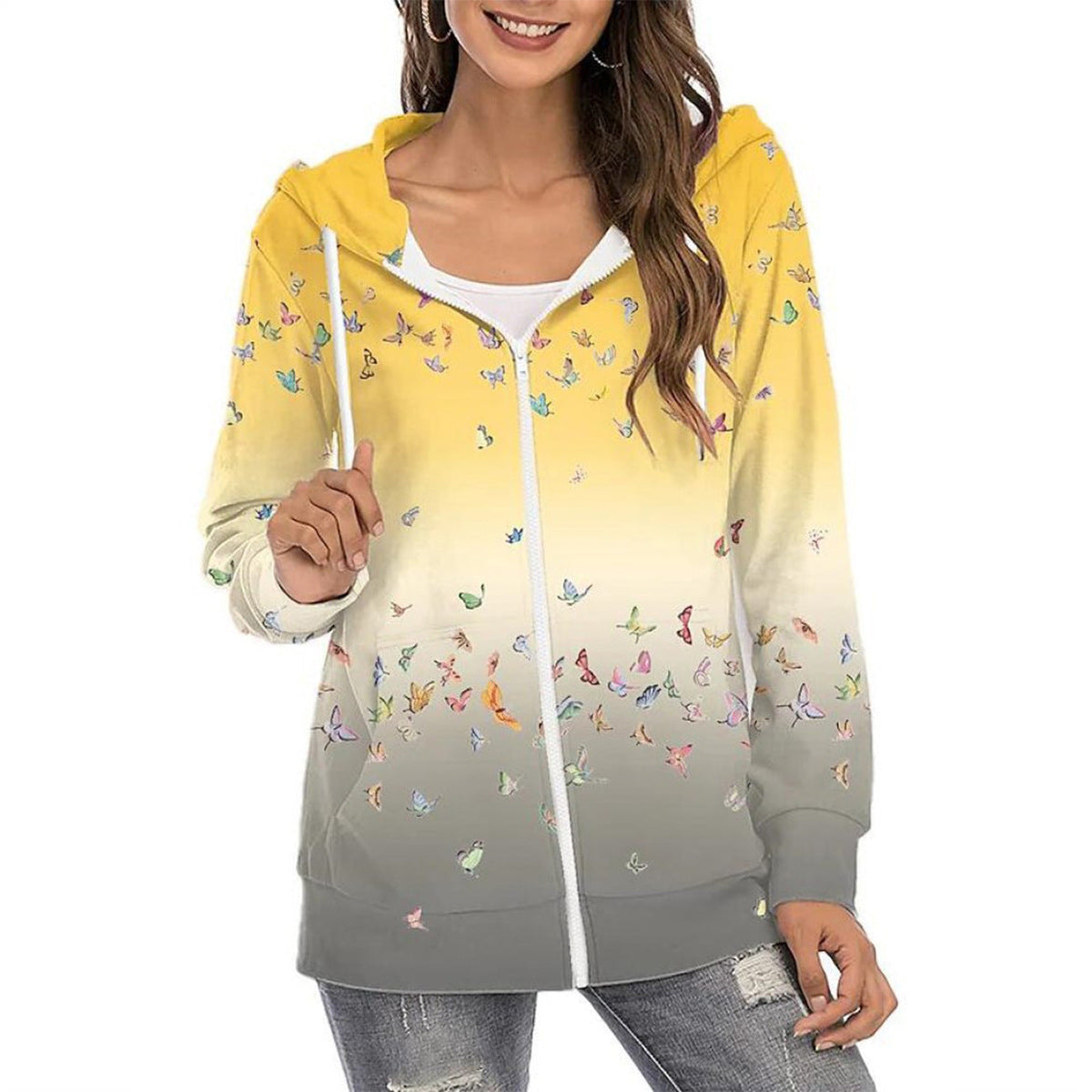 Dame Butterfly-print Hættetrøje Med Lynlås Og Gradientdesign – Let Casual Jakke Til Hverdagsbrug, Fritid Og Lag-på-lag Styling