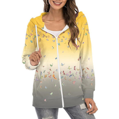 Dame Butterfly-print Hættetrøje Med Lynlås Og Gradientdesign – Let Casual Jakke Til Hverdagsbrug, Fritid Og Lag-på-lag Styling