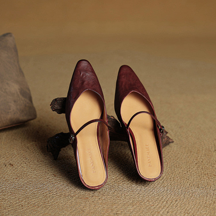 Women's Flat Mules with Pointed Toe and Strap Details – Slip-on Shoes for Everyday Wear, the Office, and Special Occasions