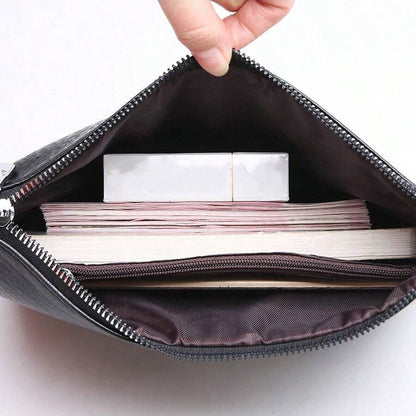 Herre Læderclutch Med Lynlås – Slankt Design Til Business, Dokumenter, Kort, Kontanter Og Hverdagsbrug