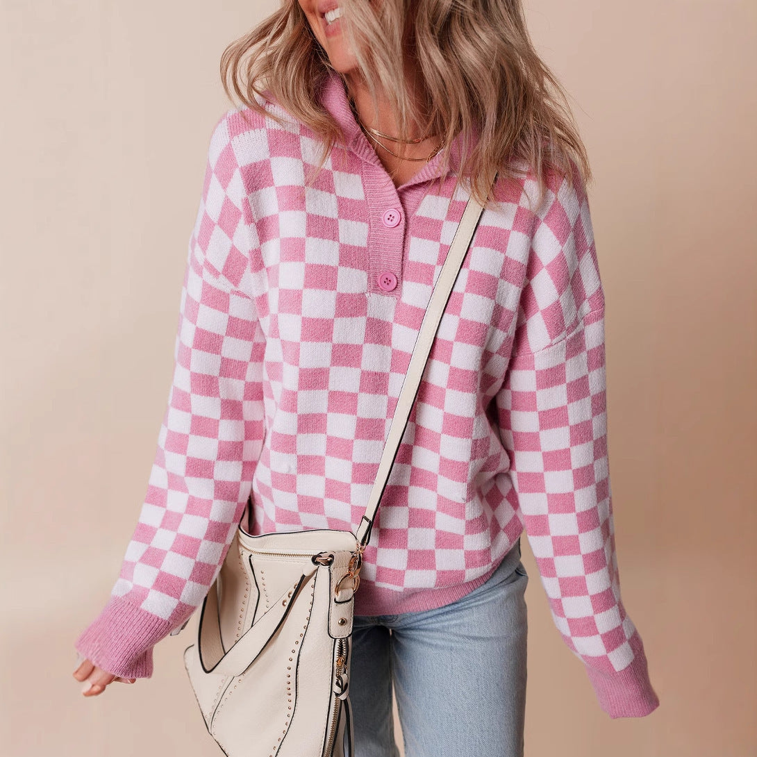 Dame Ternet Striksweater Med Krave Og Knaplukning – Afslappet Pullover Til Hverdagsbrug, Fritid Og Casual Lag-på-lag Styling