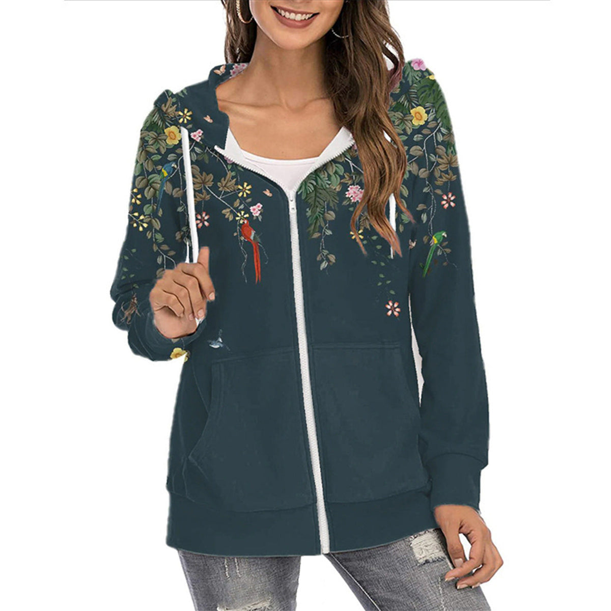 Dame Butterfly-print Hættetrøje Med Lynlås Og Gradientdesign – Let Casual Jakke Til Hverdagsbrug, Fritid Og Lag-på-lag Styling