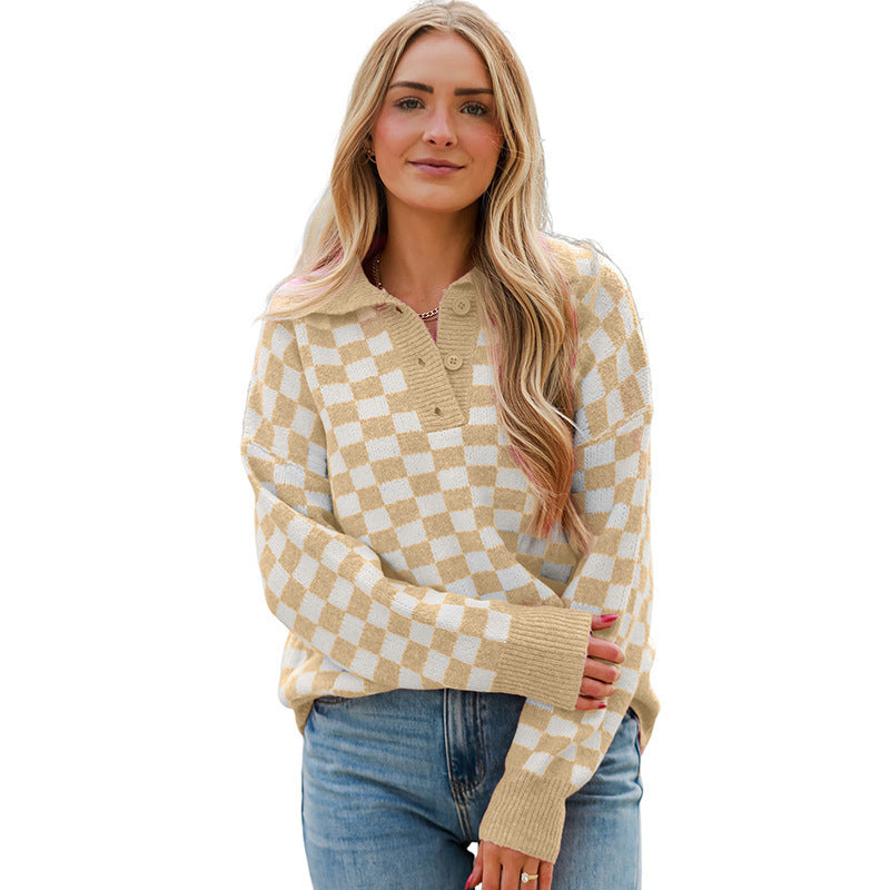 Dame Ternet Striksweater Med Krave Og Knaplukning – Afslappet Pullover Til Hverdagsbrug, Fritid Og Casual Lag-på-lag Styling