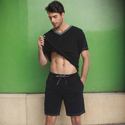 Set sport bărbătesc din 2 piese, cu decolteu în V și bluză cu mâneci scurte – set lejer de antrenament cu pantaloni scurți asortați pentru sport, fitness și timp liber